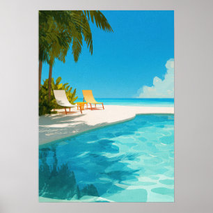 Póster Resort de playa tropical con piscina y tumbonas