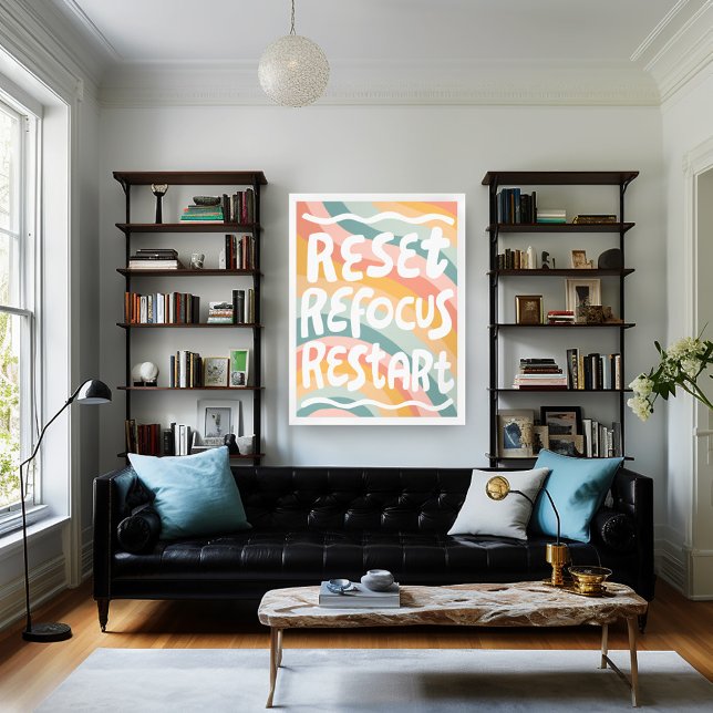 Póster RESTABLECER REFOCUS REINICIAR coloridas letras de  (RESET REFOCUS RESTART Colorful Fun Bubble Letters Poster Wall Art Inspirational Quote)