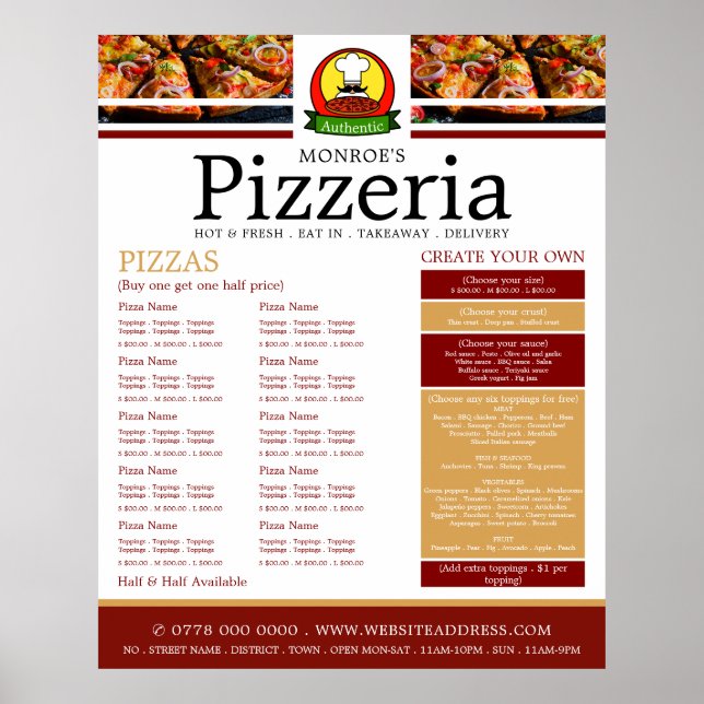 Póster Restaurante de Pizza, Menú de Pizzería (Frente)