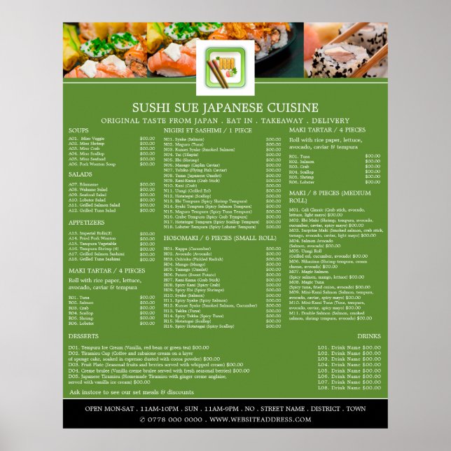 Póster Restaurante Japonés, Menú de Sushi (Frente)