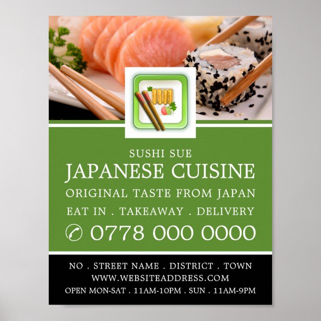 Póster Restaurante japonés, publicidad de sushi (Frente)