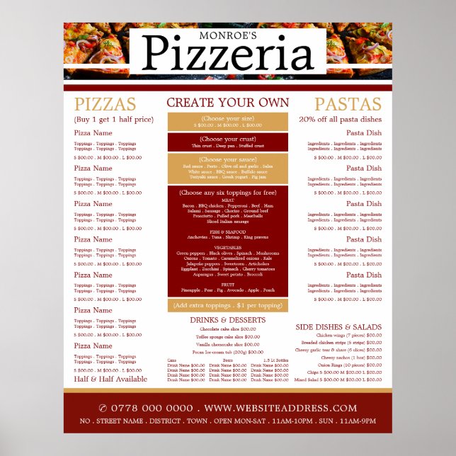 Póster Restaurante Pizza, Menú Pizzeria (Frente)