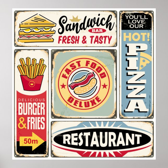 Póster Restaurantes de comida rápida y cenas retro señale (Frente)
