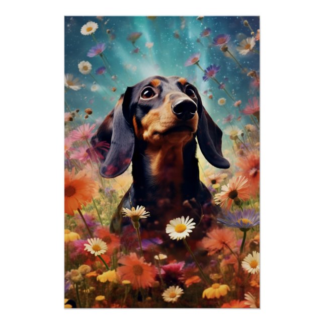 Póster Resumen Art Dachshund Con Flores (Anverso)