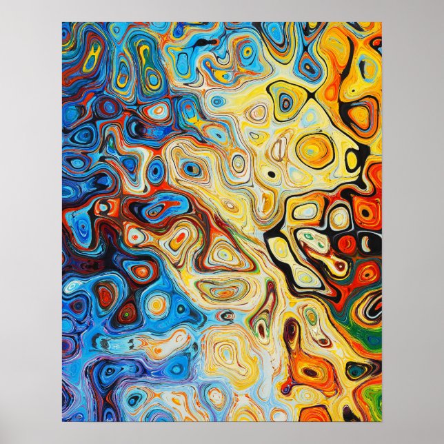 Póster Resumen Art Naranja Amarillo  Azul Swirls Negro (Frente)