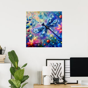 Póster Resumen caprichoso Dragonfly Floral Verde azulado