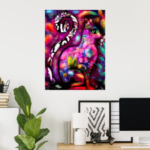 Póster Resumen caprichoso Gato Kitty Floral Rojo Rosa