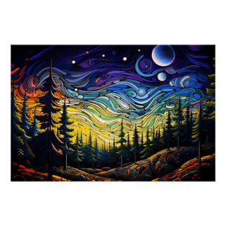 Póster Resumen Colorido Árbol Forestal Paisaje Sunset
