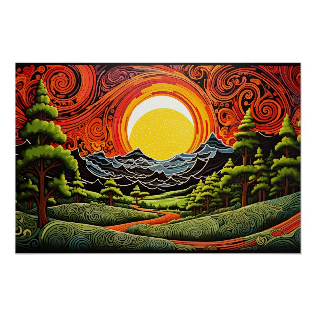 Póster Resumen Colorido Árbol Forestal Paisaje Sunset (Anverso)