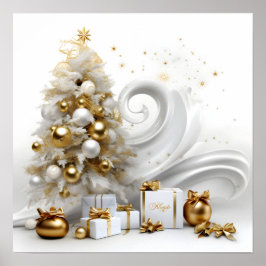 Póster Resumen de árbol de navidad blanco con acentos dor