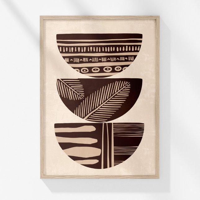Póster Resumen de Boho Neutral Tribal Bowl Wall Art (Boho Neutral Abstract Tribal Bowls Wall Art in a wooden frame on a sunny white wall.)