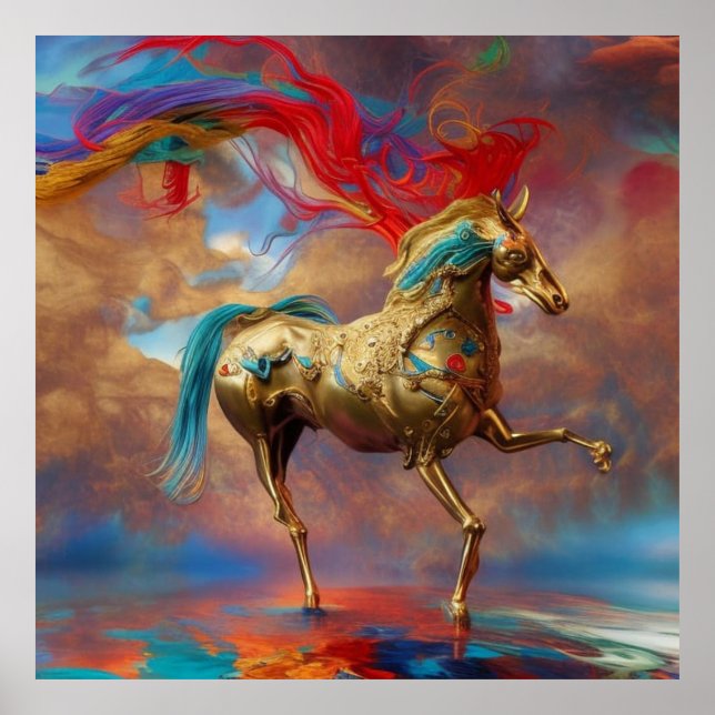 Póster Resumen de caballos verde azulados y rojos dorados (Frente)