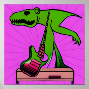 Póster Resumen de dinosaurios verdes tocando guitarra Pos