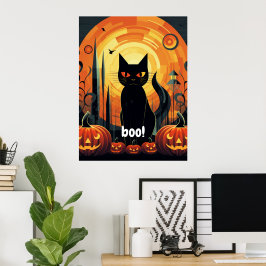 Póster Resumen de Halloween Diseño de gato negro y calaba