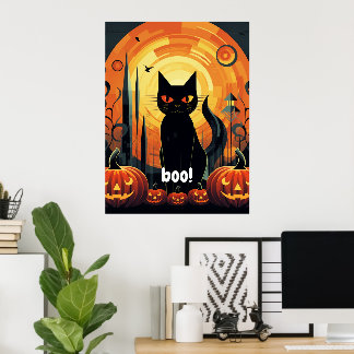 Póster Resumen de Halloween Diseño de gato negro y calaba