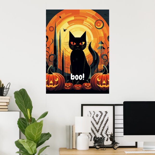 Póster Resumen de Halloween Diseño de gato negro y calaba (Oficina en casa)