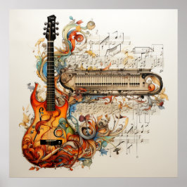 Póster Resumen de la música del teclado de guitarra color