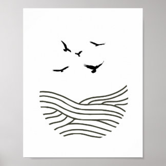 Póster Resumen de las aves de tinta minimalistas en el ma