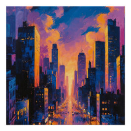 Póster Resumen de Neon City Skyline Sunset Glow Digital A