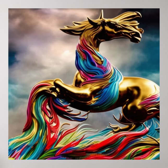 Póster Resumen de oro verde azulado y caballo rojo modern (Frente)