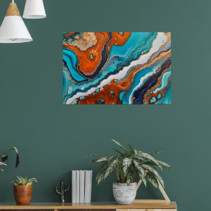 Póster Resumen de pintura azul turquesa, roya y dorada