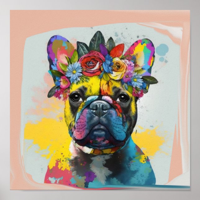 Póster Resumen de pintura de Bulldog francés floral (Frente)