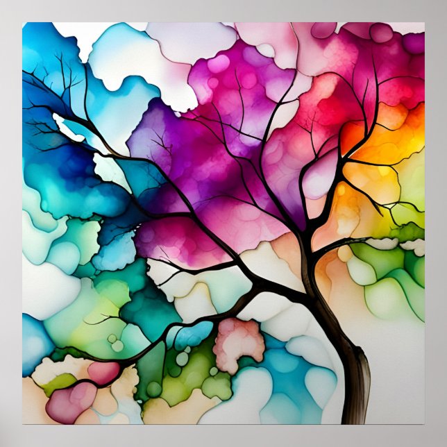 Póster Resumen de tinta de alcohol en árbol colorido (Frente)