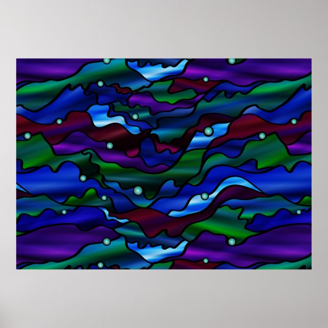 Póster Resumen de vidrio manchado del paisaje marino azul (Frente)