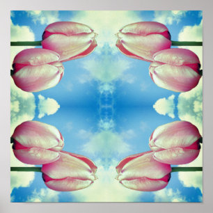 Póster Resumen Del Cielo Azul De Tulipanes Rosa Y Nubes B