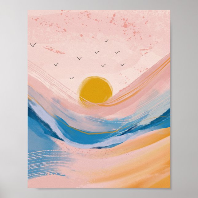Póster Resumen del paisaje acuático Art Ocean rosa y azul (Frente)