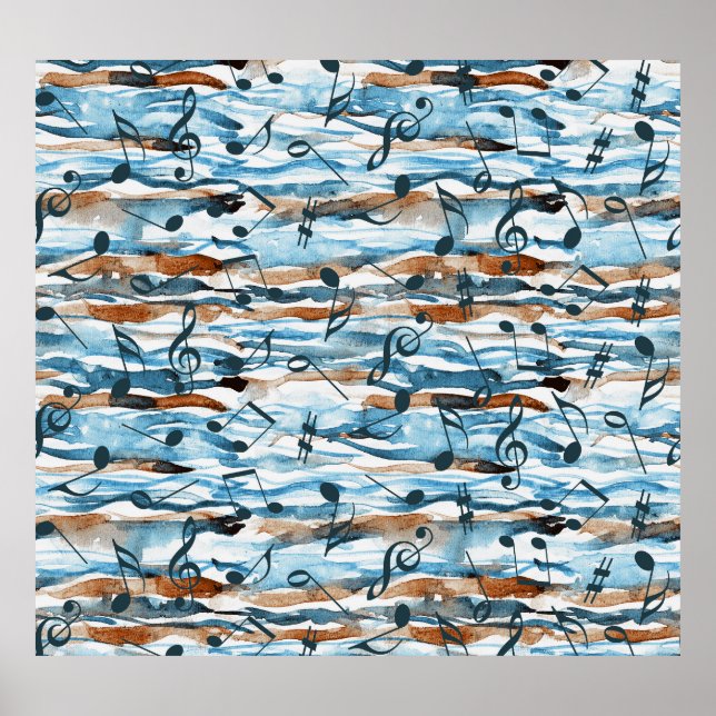 Póster Resumen del patrón de notas musicales de acuarela. (Frente)