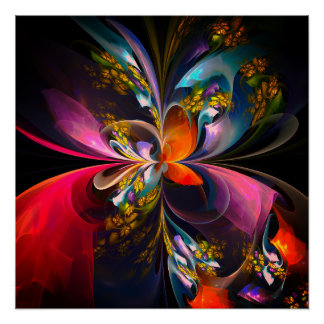 Póster Resumen floral moderno Patrón azul rojo del arte #