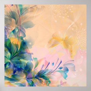 Póster Resumen Fondo Floral Azul Y Beige