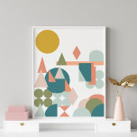 Póster Resumen Formas Paisaje Verde Azul Geométrico<br><div class="desc">Un patrón juguetón de formas geométricas que forman un paisaje abstracto en una paleta de colores mudos y suaves de verde azulado,  mostaza,  coral,  rubor y musgo.</div>
