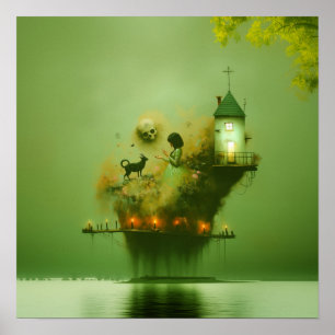 Póster Resumen Gato Gato Bruja verde AI Valor de la mater