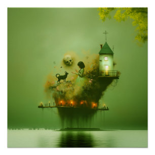 Póster Resumen Gato Gato Gato Bruja Verde AI Arte Semi Gl