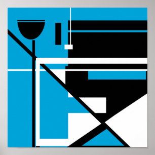 Póster Resumen geométrico blanco negro sobre azul medio