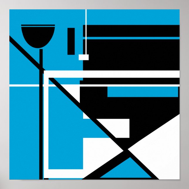 Póster Resumen geométrico blanco negro sobre azul medio (Frente)