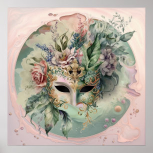 Póster Resumen Máscara de carnaval veneciano rosa