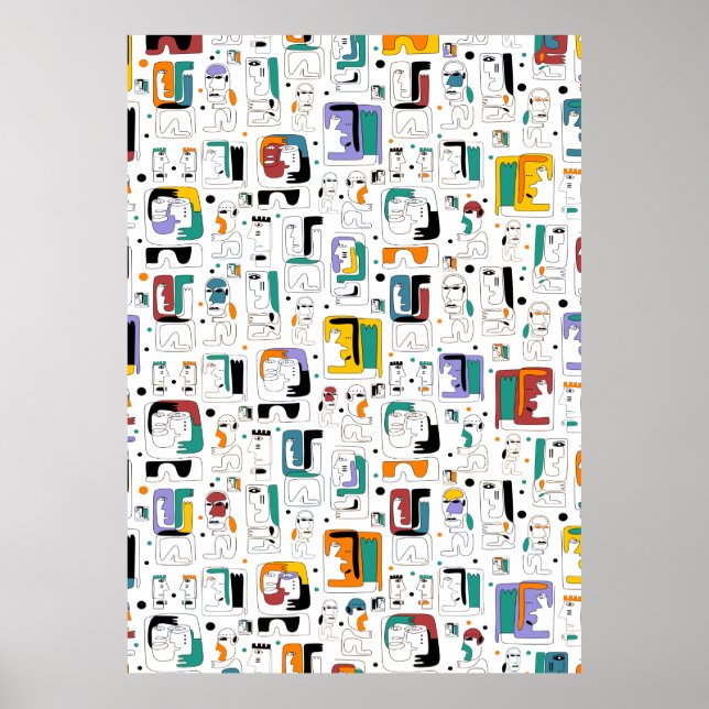 Póster Resumen maya tribal antiguo patrón de rostros 1 (Frente)