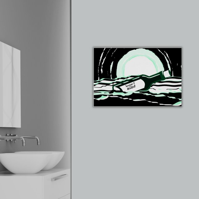 Póster Resumen Mensaje completo sobre el océano de la lun (Abstract Full Moon Ocean Message In A Bottle Poster, Imagine and Manifest, Bathroom)