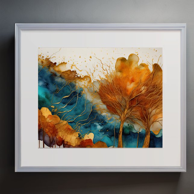 Póster Resumen Paintaje Paisaje Azul Rojo Dorado (Subido por el creador)