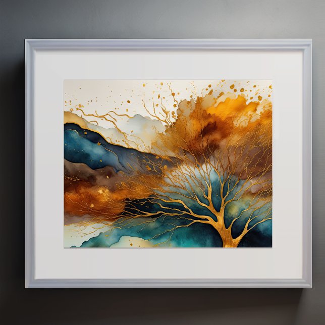 Póster Resumen Paintaje Paisaje Azul Rojo Dorado (Subido por el creador)