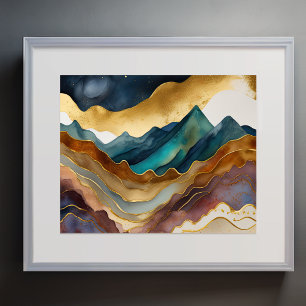 Póster Resumen Paintaje Paisaje Azul Rojo Dorado