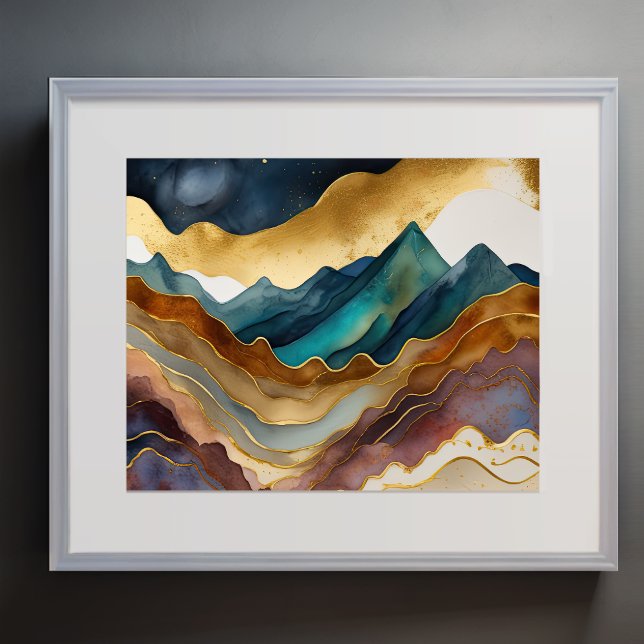 Póster Resumen Paintaje Paisaje Azul Rojo Dorado (Subido por el creador)