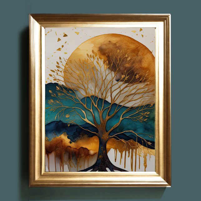 Póster Resumen Paintaje Paisaje Azul Rojo Dorado (Subido por el creador)
