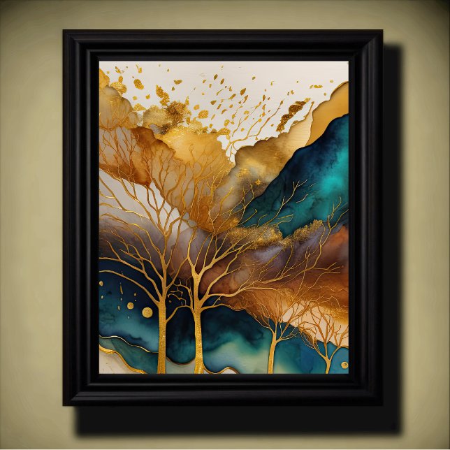 Póster Resumen Paintaje Paisaje Azul Rojo Dorado (Subido por el creador)