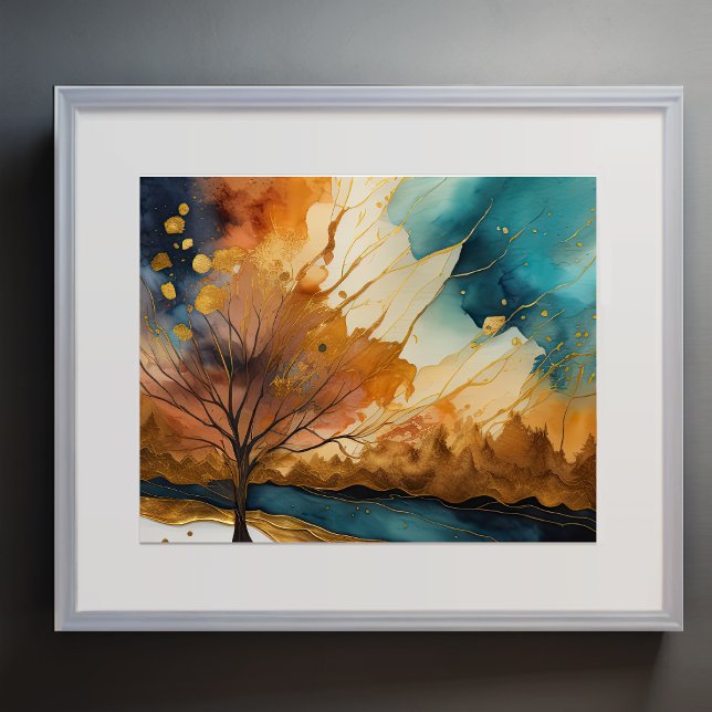 Póster Resumen Paintaje Paisaje Azul Rojo Dorado (Subido por el creador)