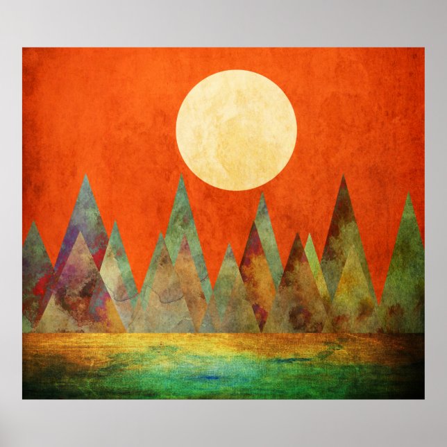 Póster Resumen Paisaje Montañas de Luna Llena Naranja cie (Frente)