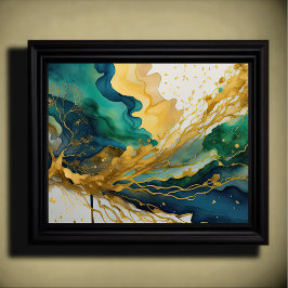 Póster Resumen Paisaje Paintaje Dorado Azul Verde